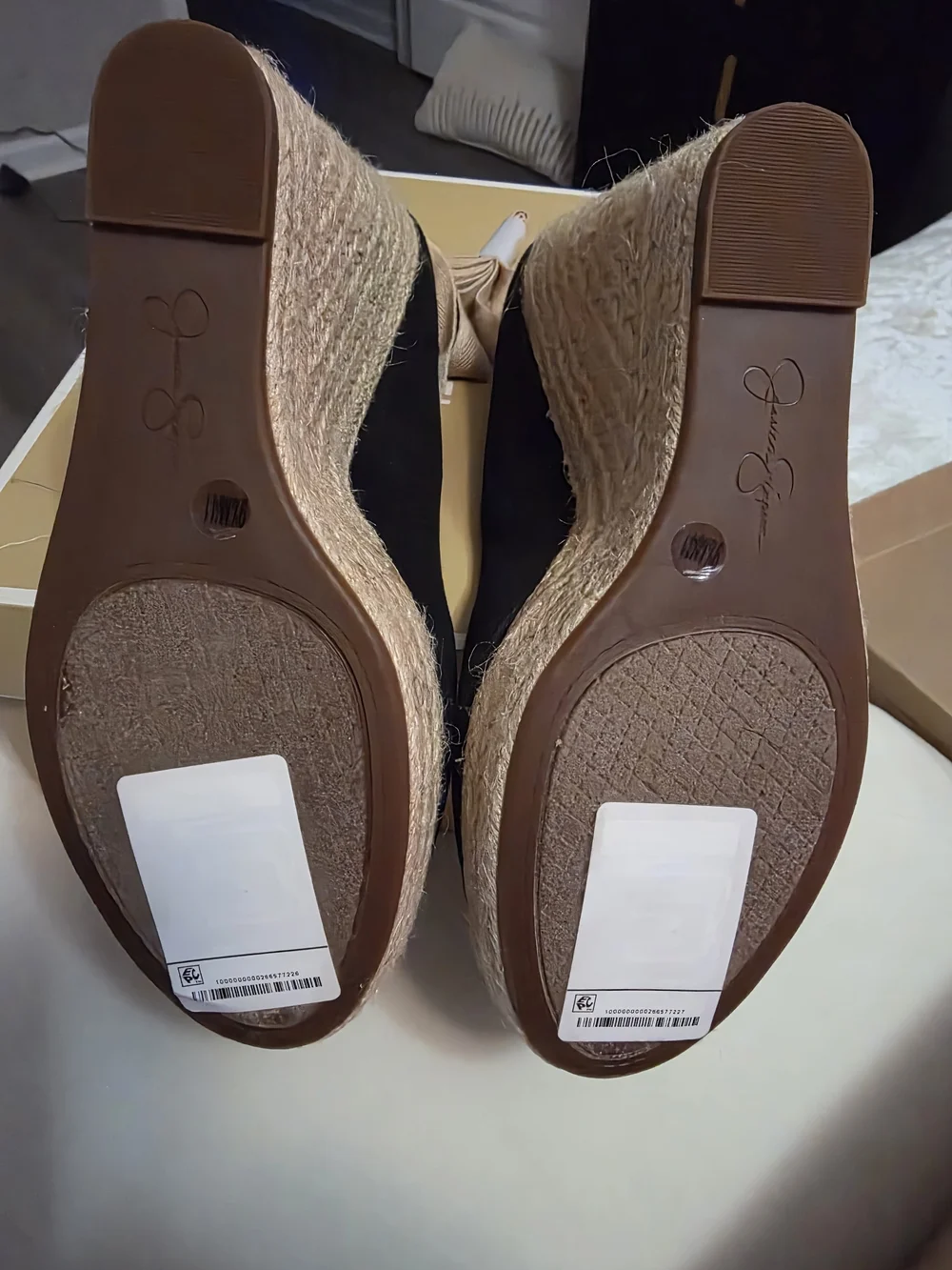 Jessica Simpson Black Wedge Espadrilles with Blush Ankle Ties